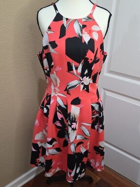 Vince Camuto Coral & Black Floral Halter Mini Dress